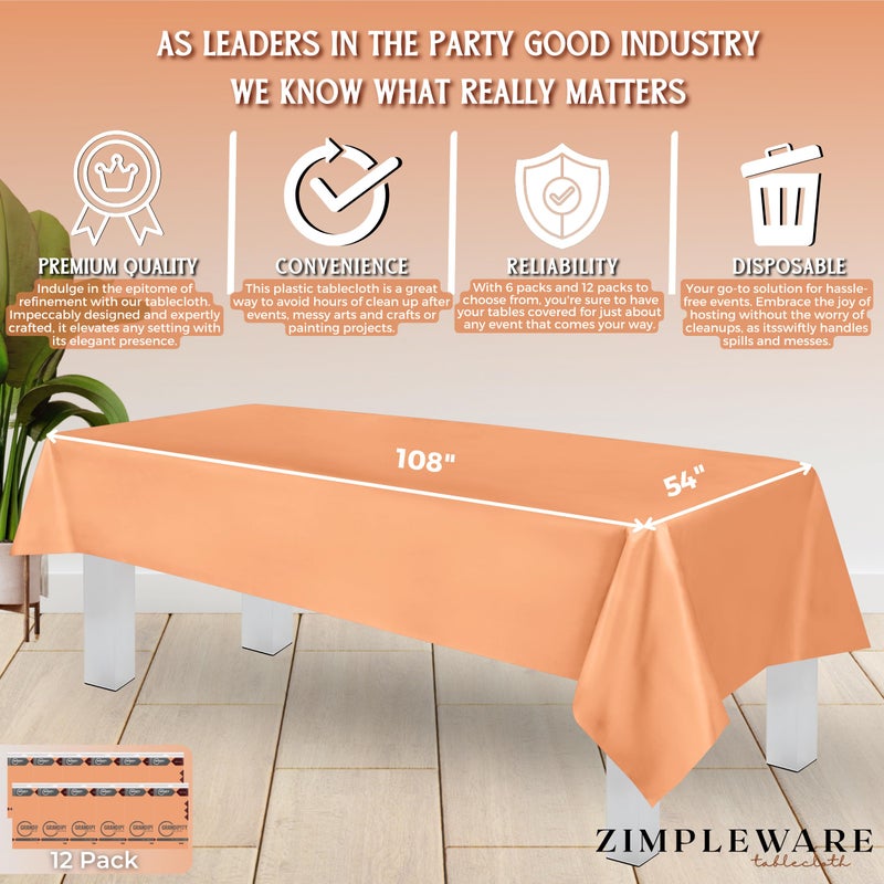ZIMPLEWARE Premium Peach Plastic Table Cloth Disposable (12 Pk) Plastic Tablecloths for Rectangle Tables (54in x 108in) Party Table Cloths Disposable for 6ft to 8ft Rectangle Tables - Image 3